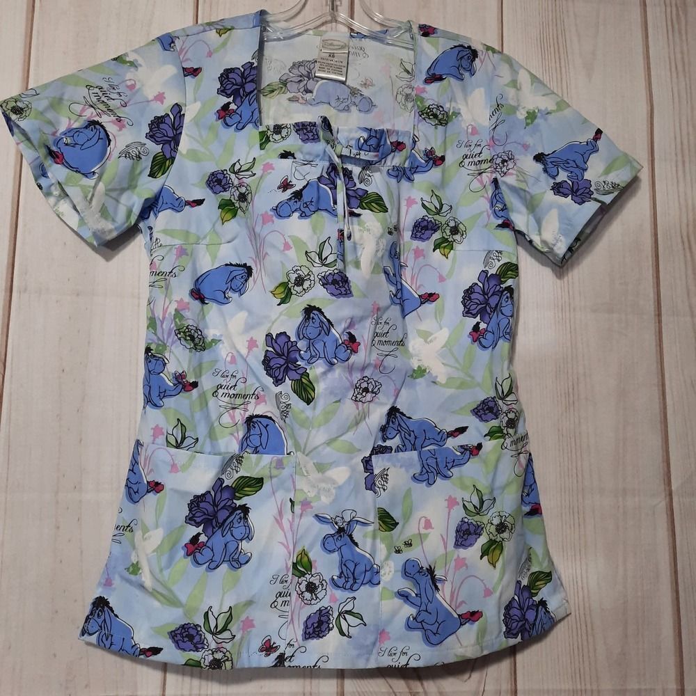 Disney Scrub Top Ladies Extra Small  Eeyore Blue Square Neck